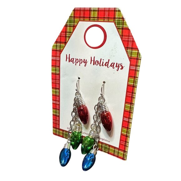 Holiday-Themed Hypoallergenic Earrings Colorful Bulbs On Silver Chains Festive - Picture 7 of 9